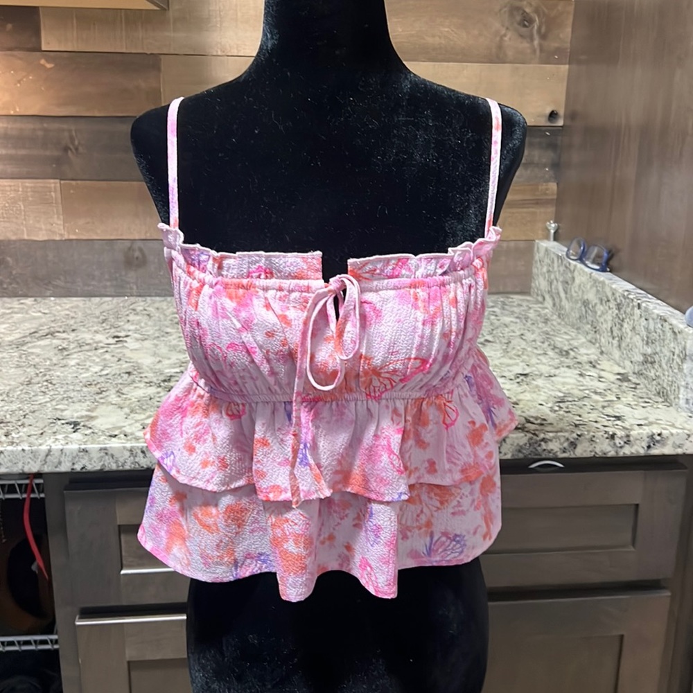 Juniors XS lightweight strappy tank top Pink floral